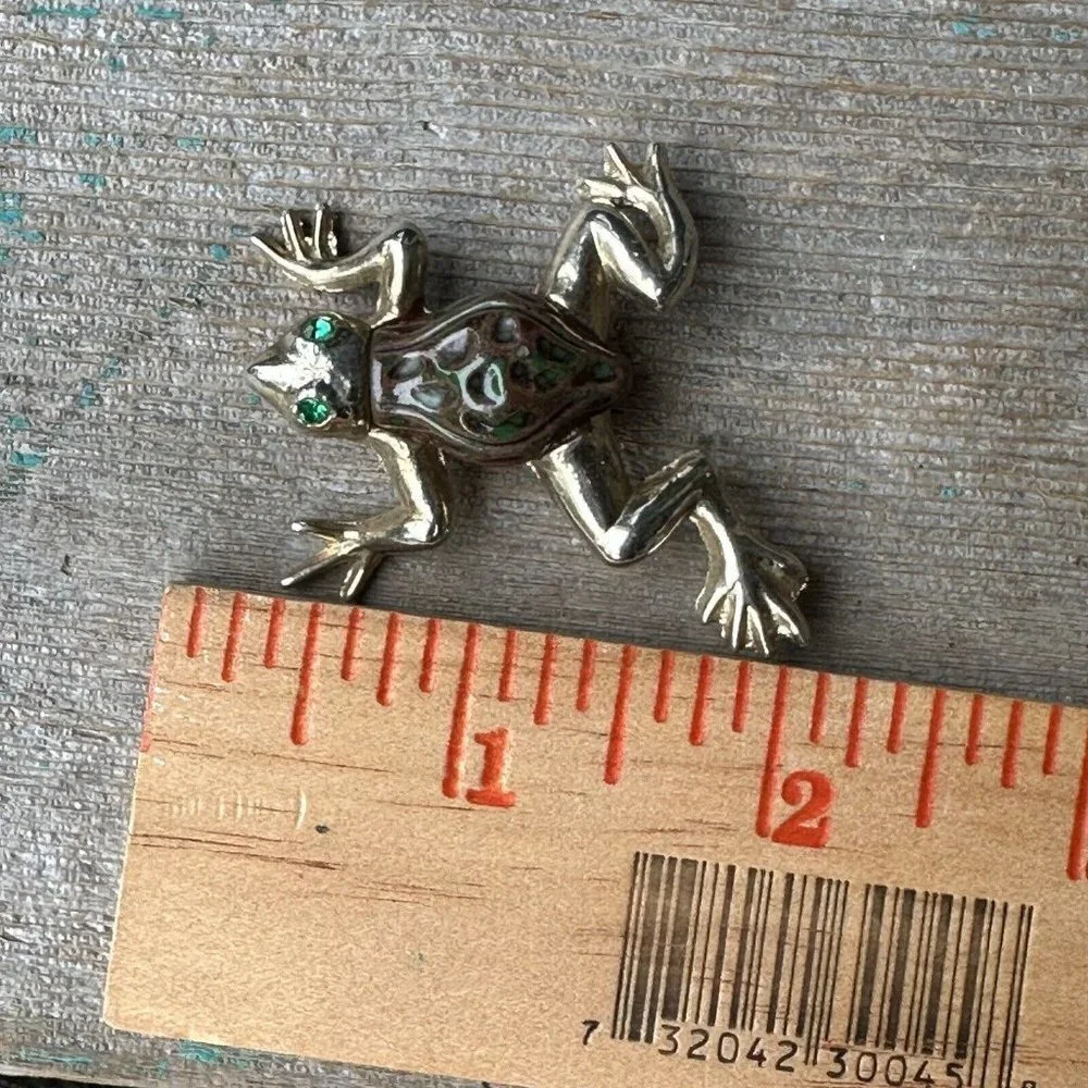 VTG Artisan Frog Brooch Pin 2 Inch Gold Tone Pave Green Crystal Eyes Handpainted